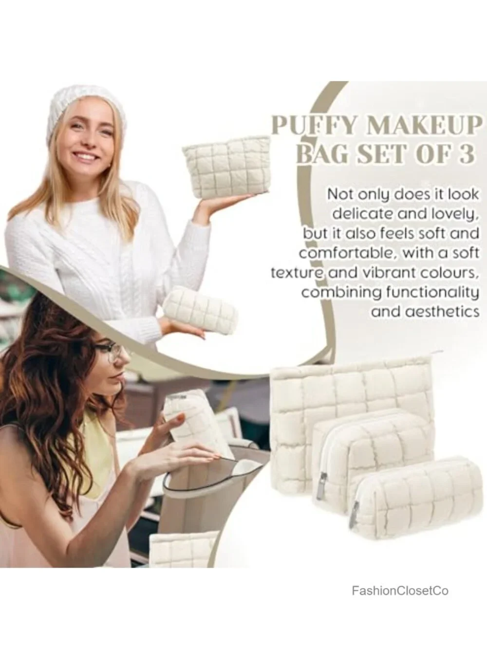 Puffy Quilted Cosmetic Pouch Set - 3 Pack Checkered Travel Makeup Bag Puffer